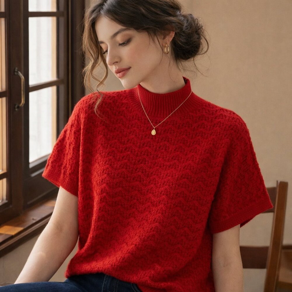 💚 Red Mock Neck Knit Sweater Top – Short Sleeve Textured Pullover